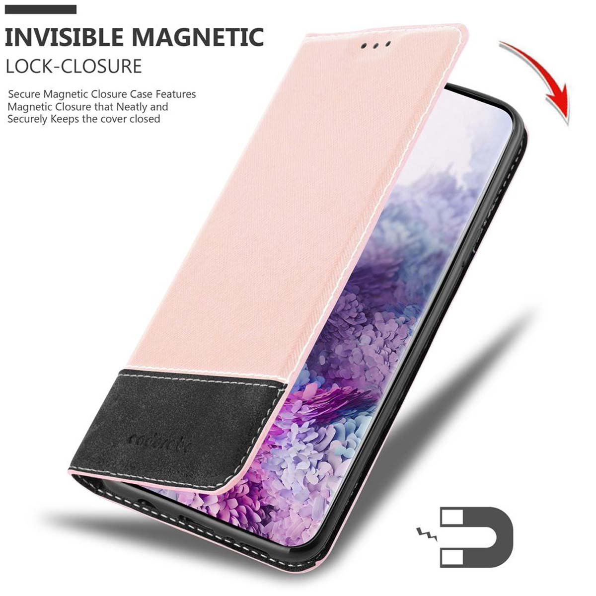 Custodia per telefono rosa, aperta con sezione nera e simbolo magnetico.