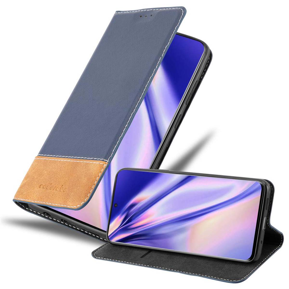 Custodia blu con accento marrone aperta, con telefono, e un telefono.