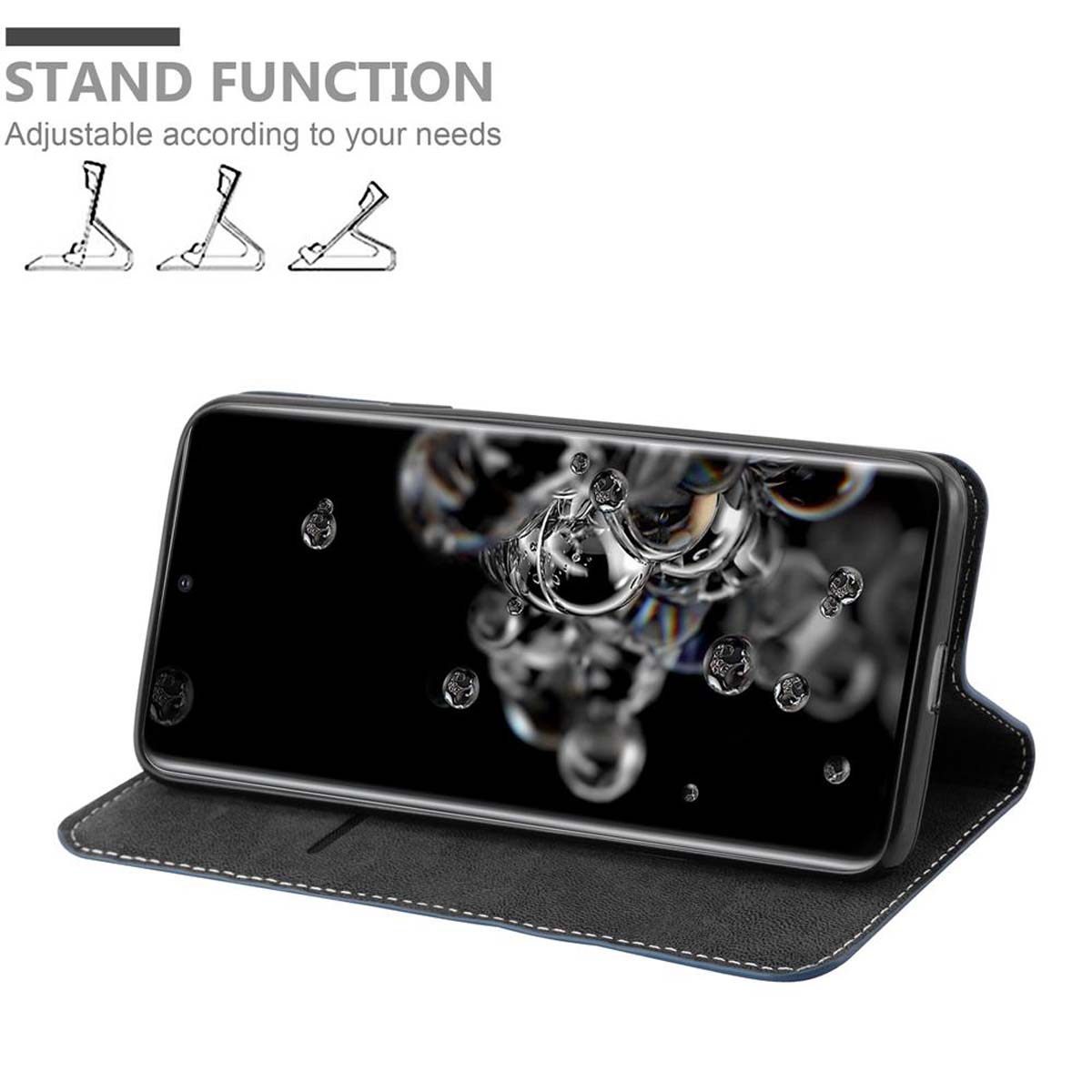Telefono in custodia aperta che mostra uno sfondo di gocce d'acqua. Testo sopra: funzione supporto. Sfondo bianco.