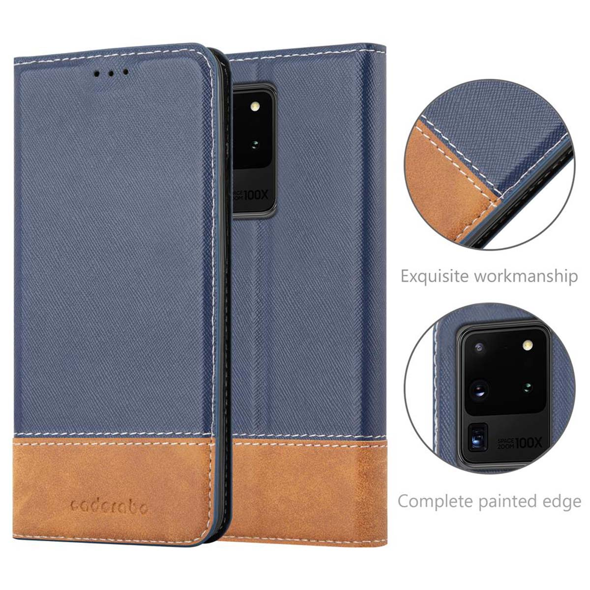 Custodia per telefono blu e marrone, aperta. Dettagli: cuciture, pelle e un telefono con fotocamera.