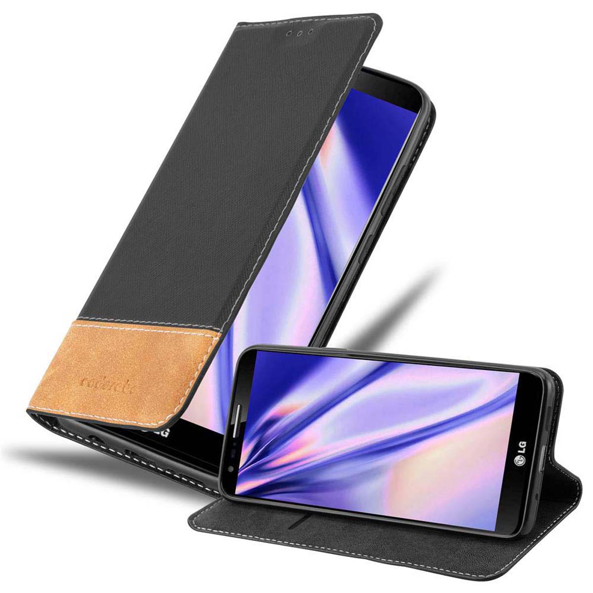 Coque de téléphone LG noire avec téléphone. Étui ouvert, téléphone LG à droite.