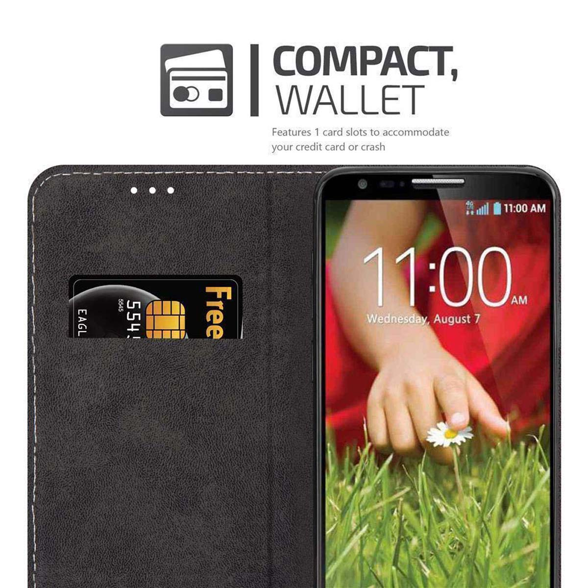 Étui de téléphone ouvert, montrant une carte de crédit et une main tenant une marguerite.