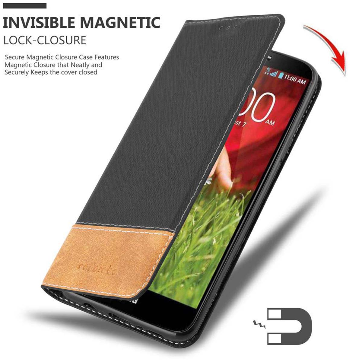 Coque de téléphone noire avec fermeture magnétique, section marron en bas. Le téléphone est ouvert.