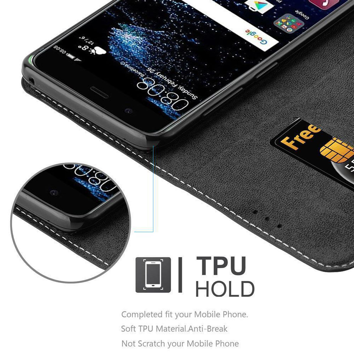 Telefon in schwarzem Case, Bildschirm mit Zeit und Apps, Kreditkarte.
