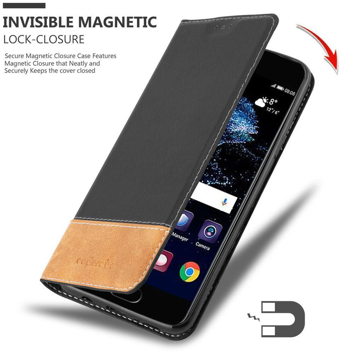 Schwarze Handyhülle mit braunem Lederteil. Das Telefon ist sichtbar, mit eingeschaltetem Bildschirm.