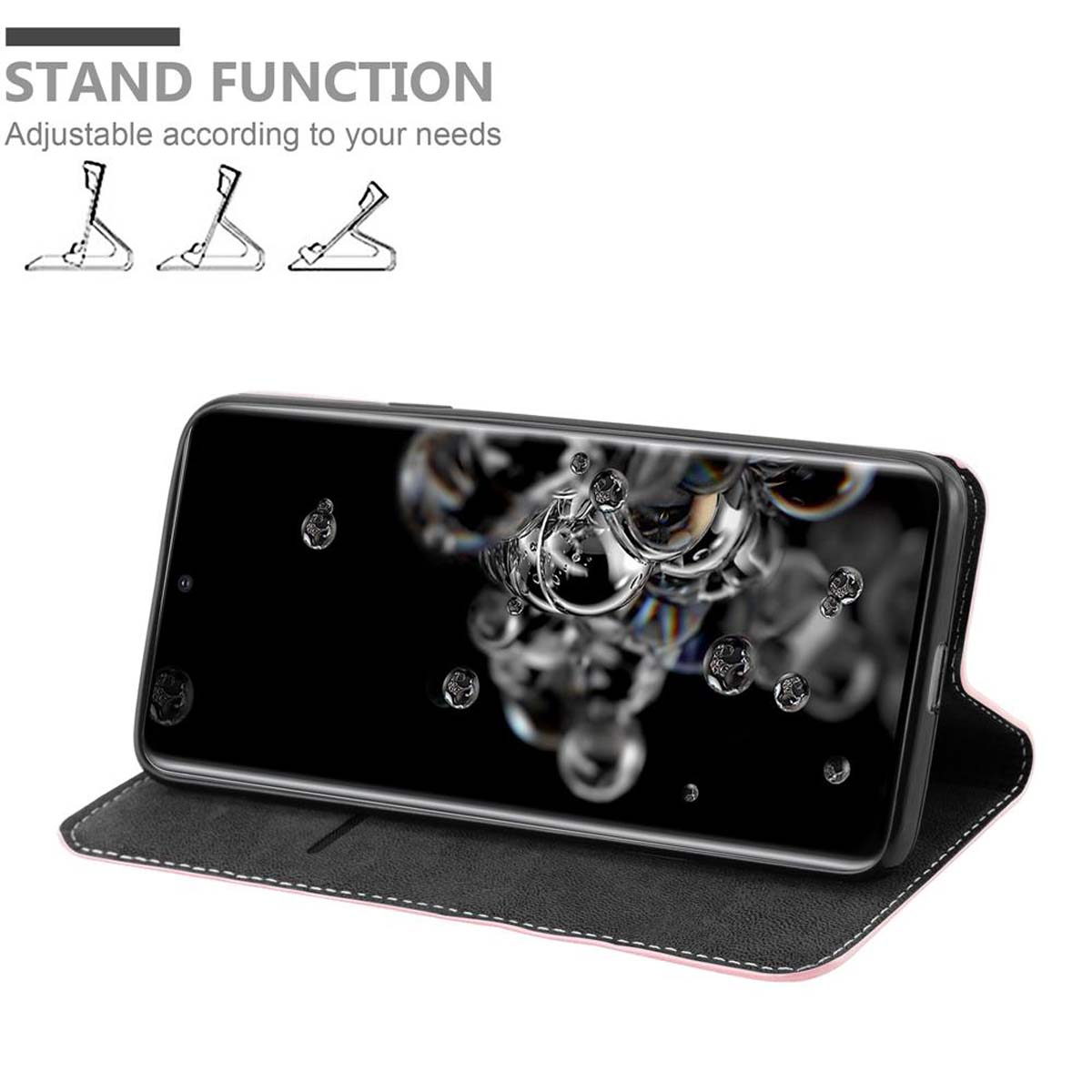 Un telefono nero in una custodia rosa e nera, aperto per visualizzare lo schermo. La custodia funge da supporto.