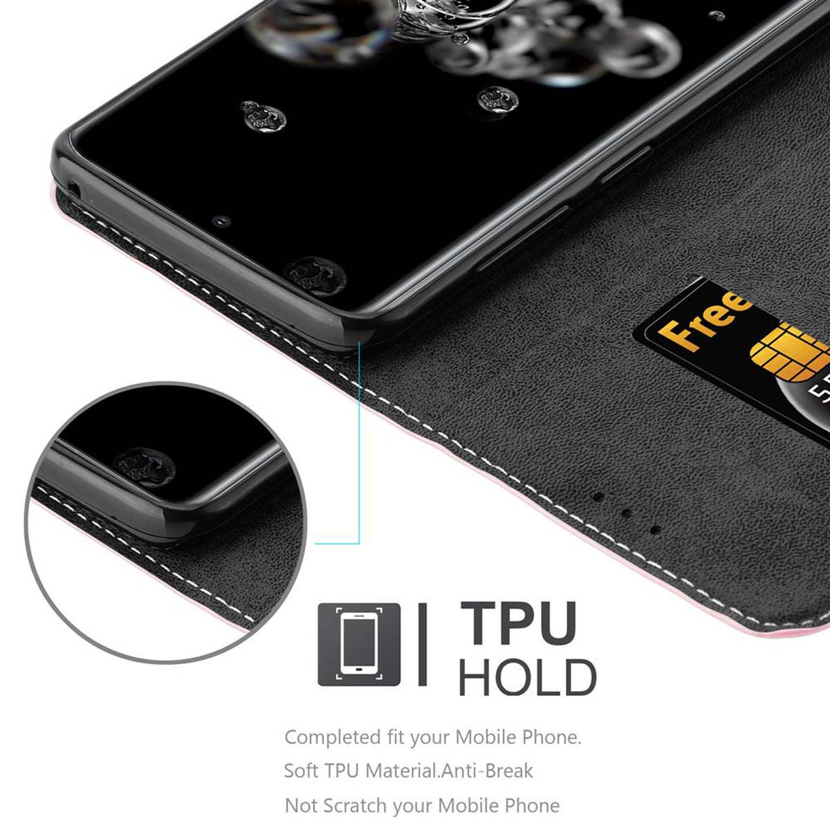 Primo piano di un telefono in una custodia a portafoglio con fessura per carta di credito. La custodia è nera con cuciture bianche.