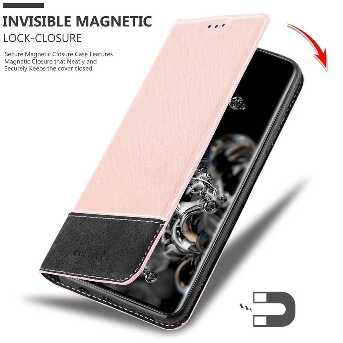 Custodia per telefono rosa e nera con chiusura magnetica, che mostra un telefono all'interno.