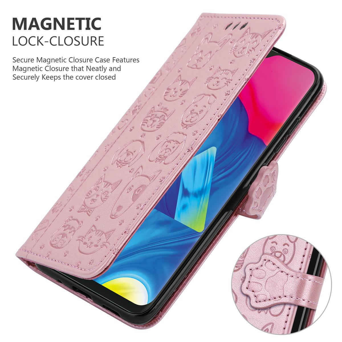 Rosa Handyhülle mit geprägten Katzen- und Hunde-Designs. Magnetverschluss. Telefon innen sichtbar.