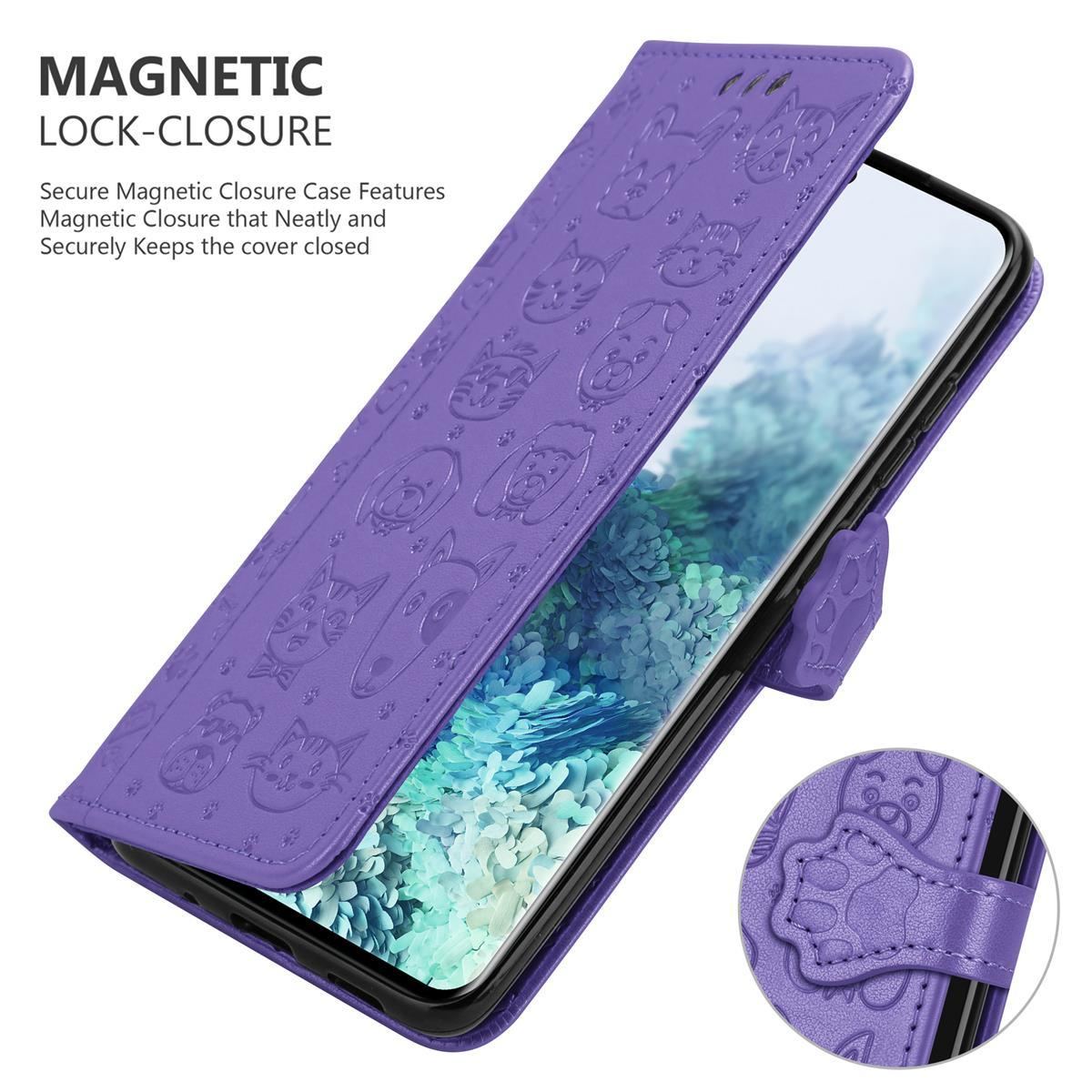 Custodia viola per telefono con disegni a rilievo di cani e gatti. Chiusura magnetica, telefono dentro.
