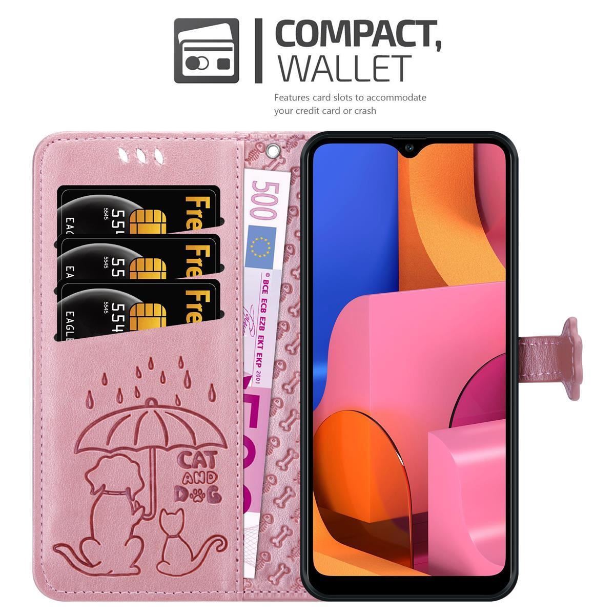 Custodia a portafoglio rosa con fessure per carte e banconota, con immagine di cani e gatti.