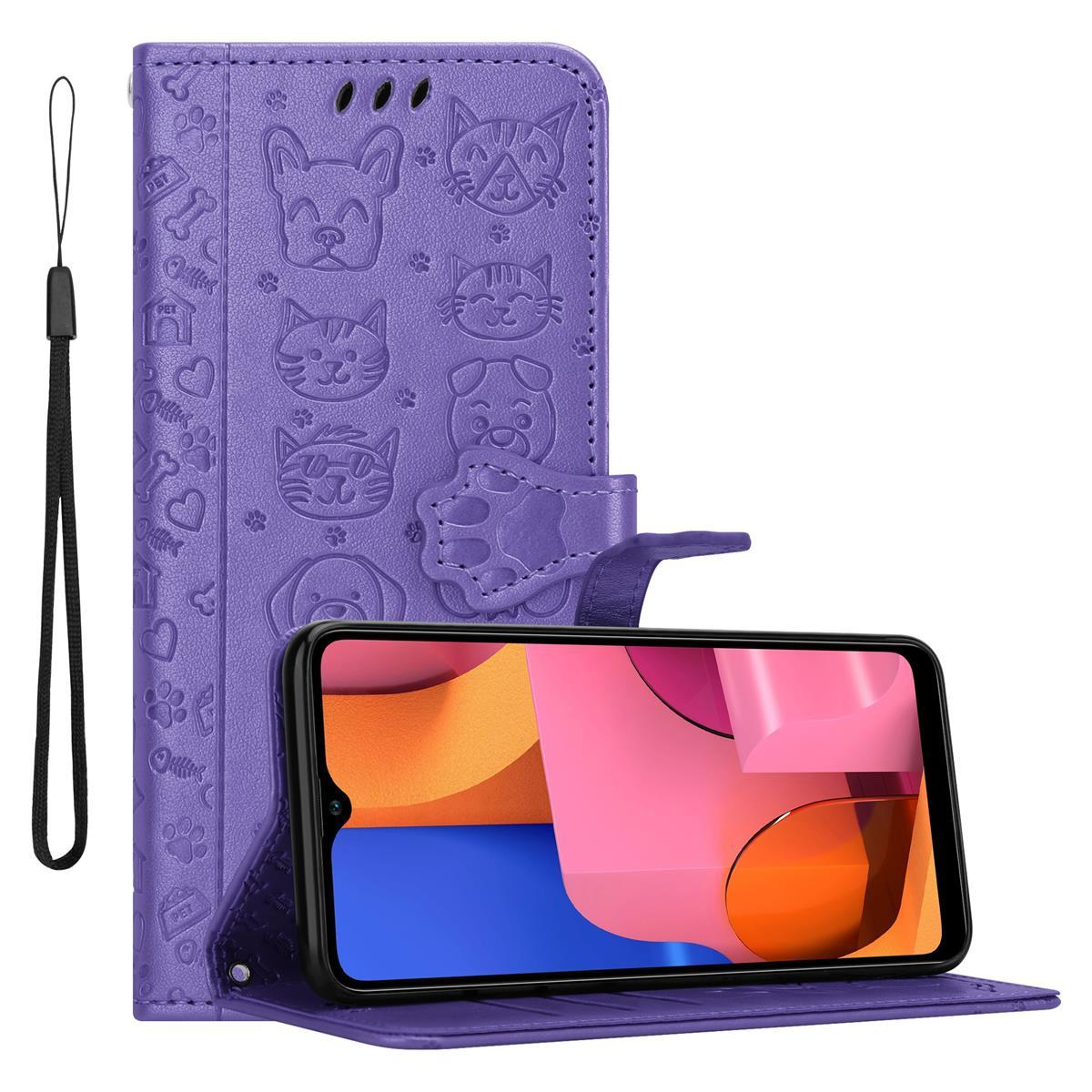 Custodia viola con motivi cani e gatti. Telefono nero con schermo rosa.