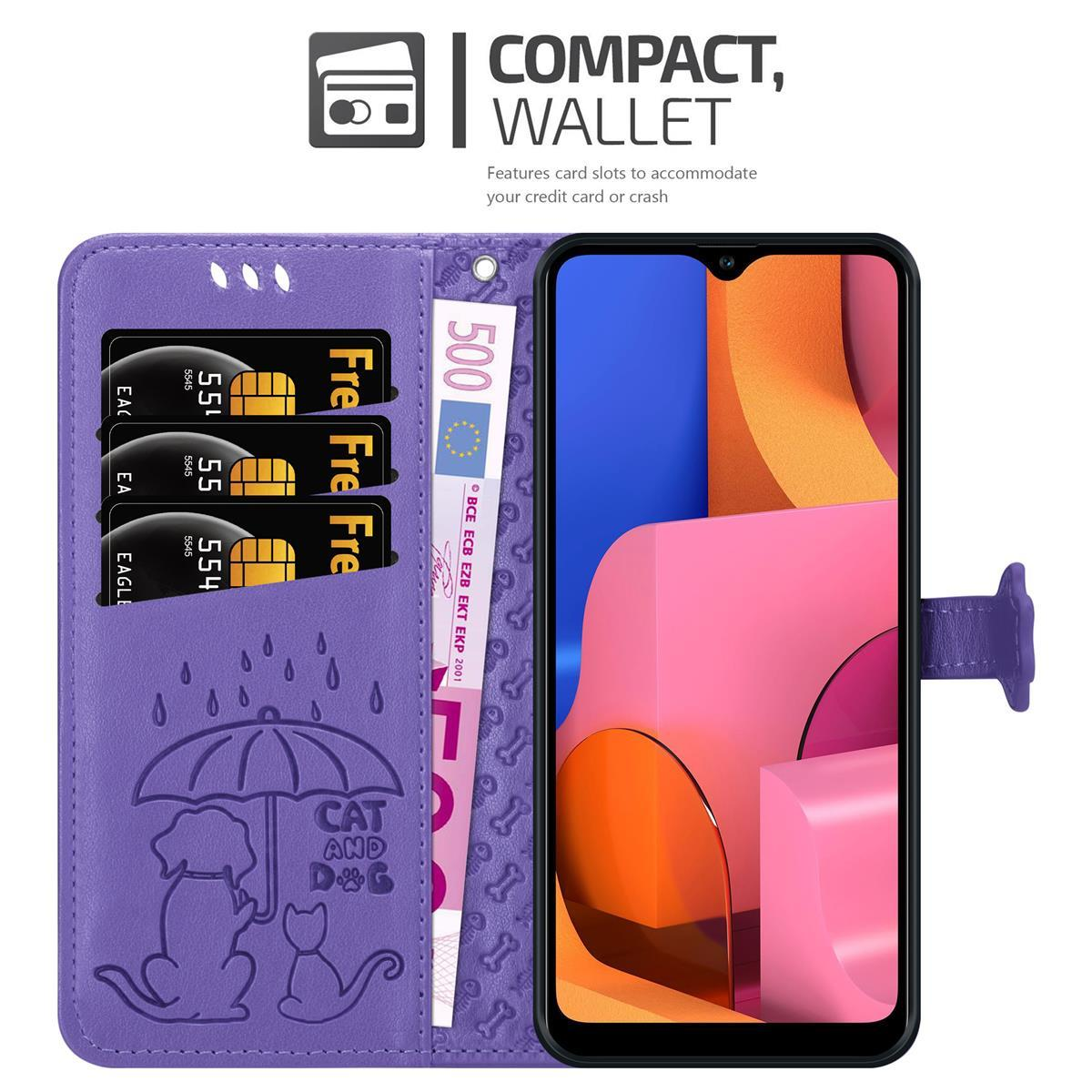 Custodia a portafoglio viola, con carte, denaro e un telefono. Presenta un design di cane e gatto.
