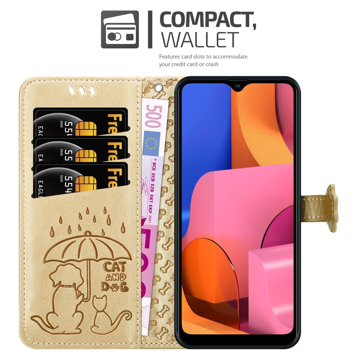 Un portafoglio per custodia del telefono aperto, che mostra carte di credito, banconote in euro e un telefono. Presenta un design di cane e gatto.