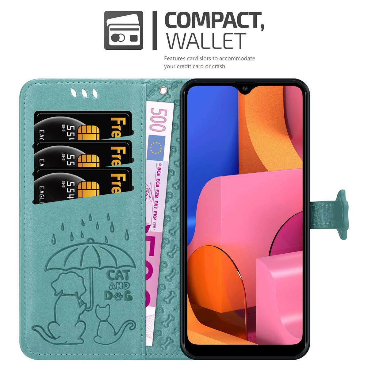 Custodia a portafoglio turchese aperta con telefono all'interno, che mostra denaro, carte e un simpatico design cane/gatto.