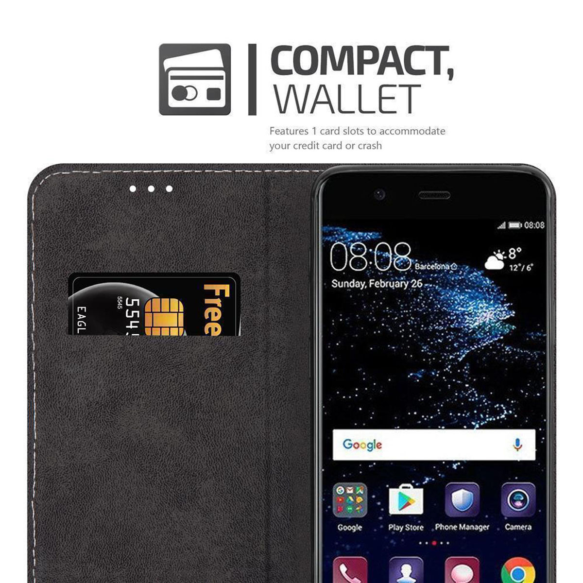 Ein Smartphone und eine Brieftasche mit Kartenfächern. Das Telefon zeigt Zeit und Wetter an.