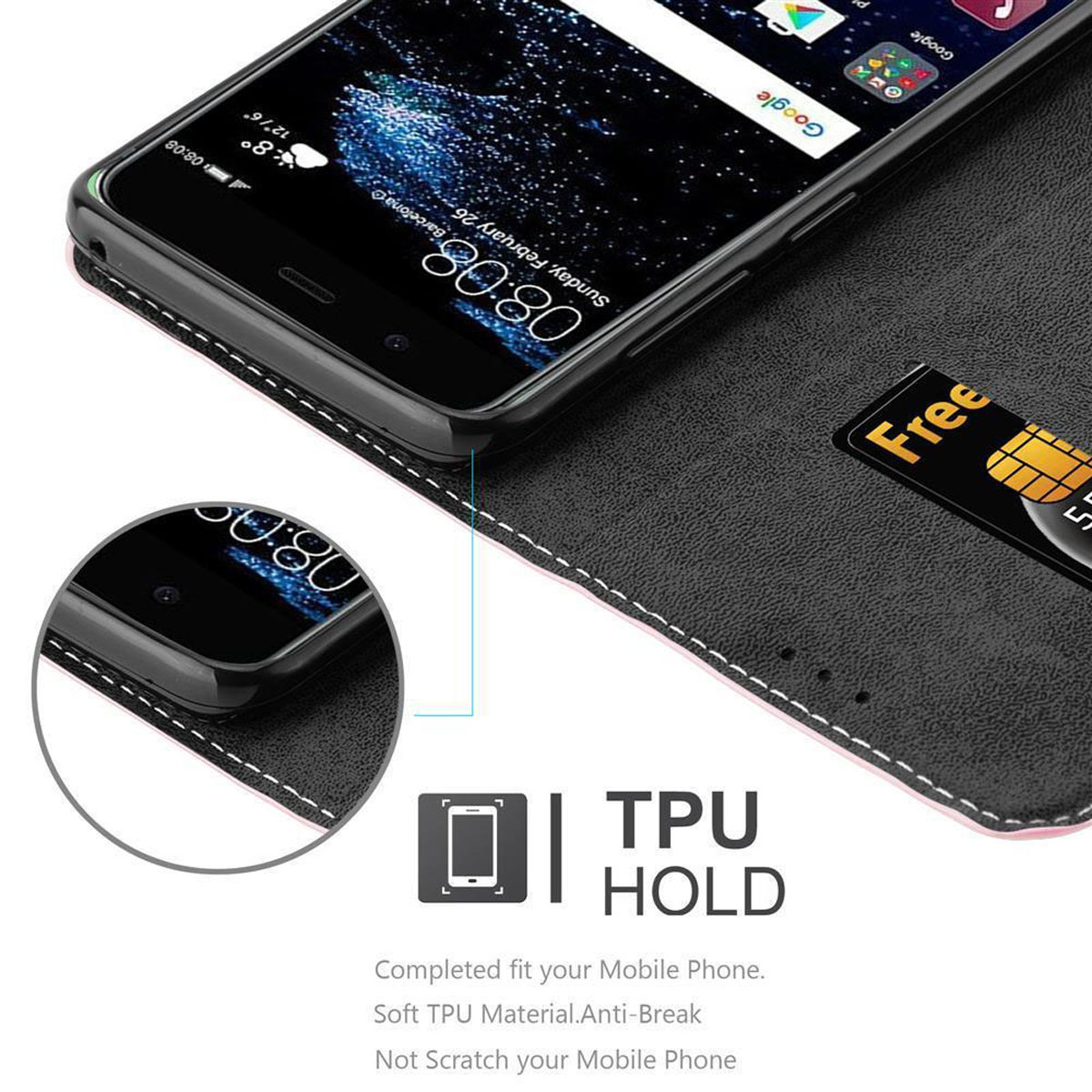 Geöffnete Handyhülle mit Telefon darin. Eine Kreditkarte befindet sich im Etui.