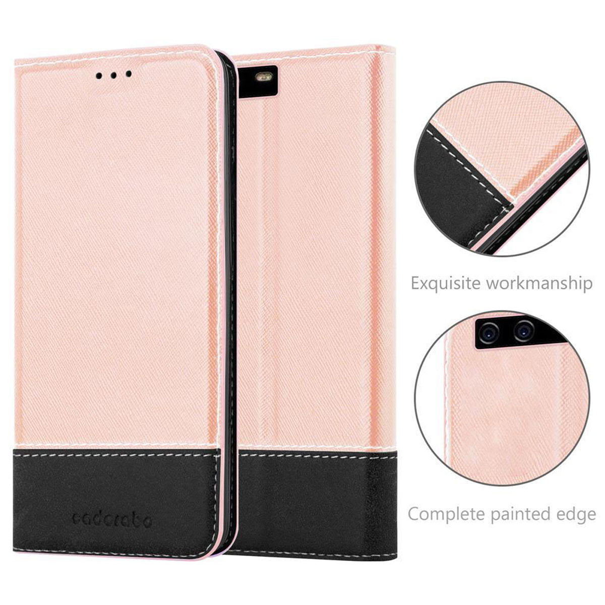 Pink und schwarze Handyhülle. Sie hat eine Klappe, die den Bildschirm bedeckt. Die Hülle ist geschlossen.