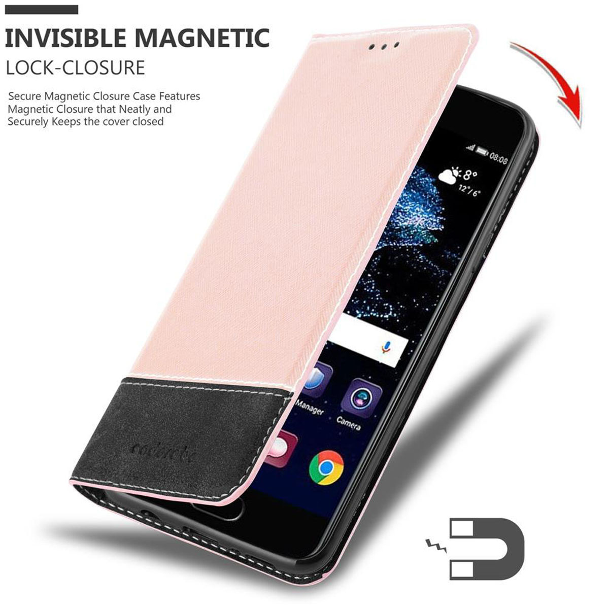 Rosa Handyhülle mit Magnetverschluss. Das Telefon wird gezeigt. Hintergrund ist weiß. Magnetsymbol vorhanden.