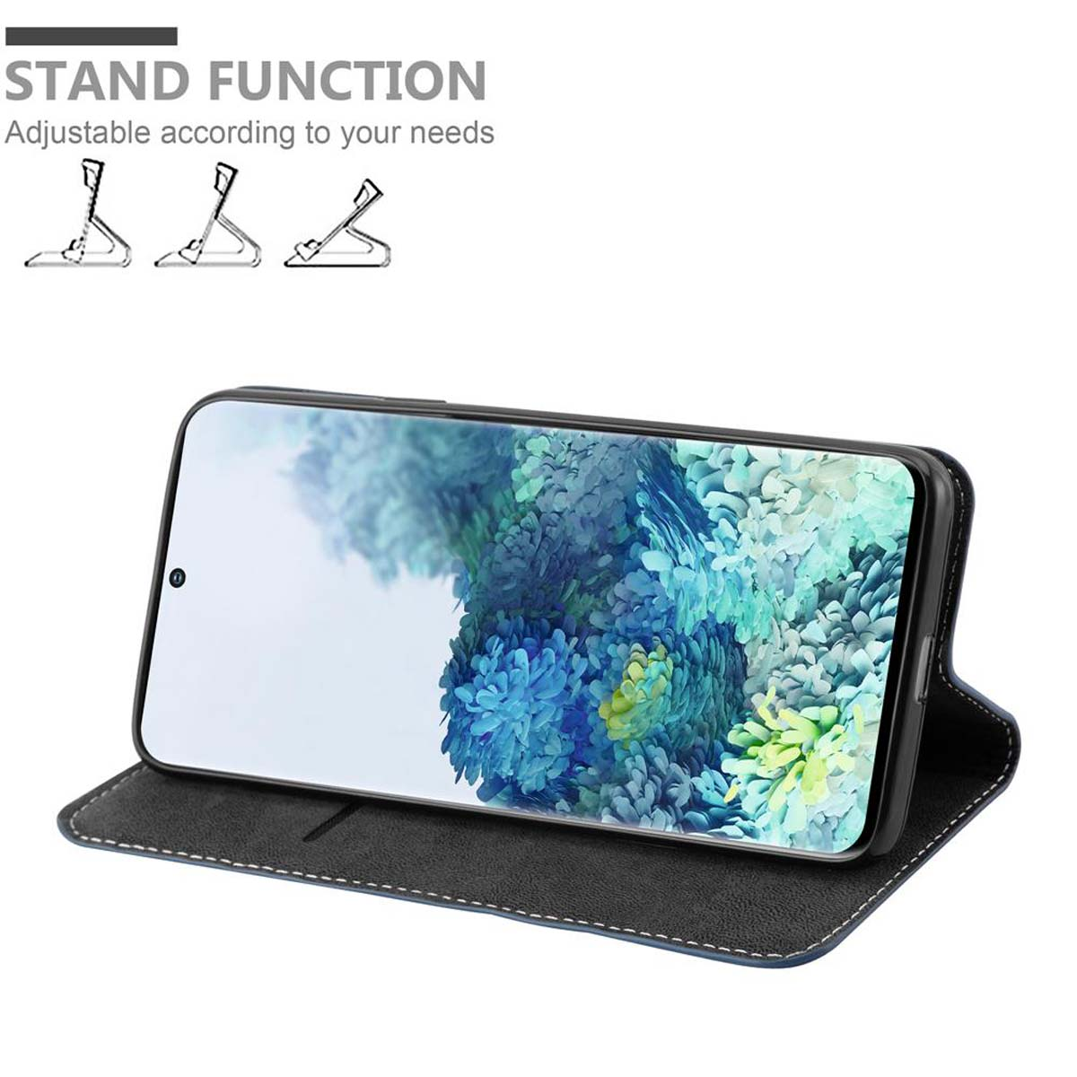 Telefono in custodia blu scuro, schermo con motivo blu, puntellato. Funzione stand mostrata.