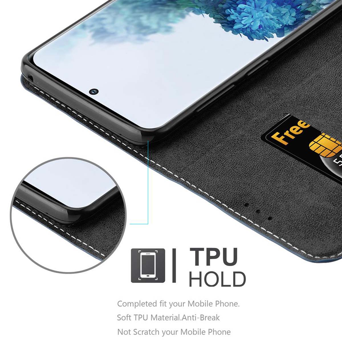 Primo piano di telefono in custodia nera, carta visibile. Testo: TPU HOLD. Adattamento completo.
