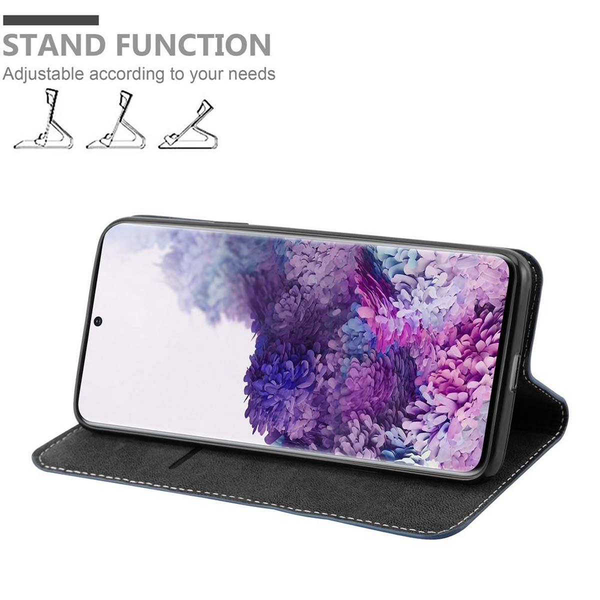 Telefon in blauem Case mit Standfunktion und violettem Hintergrund auf dem Bildschirm.
