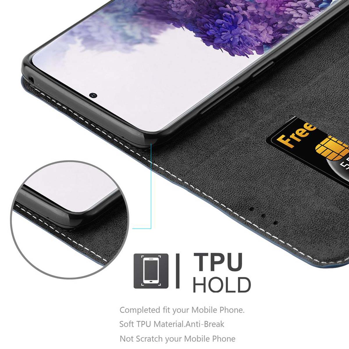 Schwarzes Telefon in einer schwarzen Hülle mit Kreditkarte im Fach. Die Hülle liegt auf weißem Untergrund.