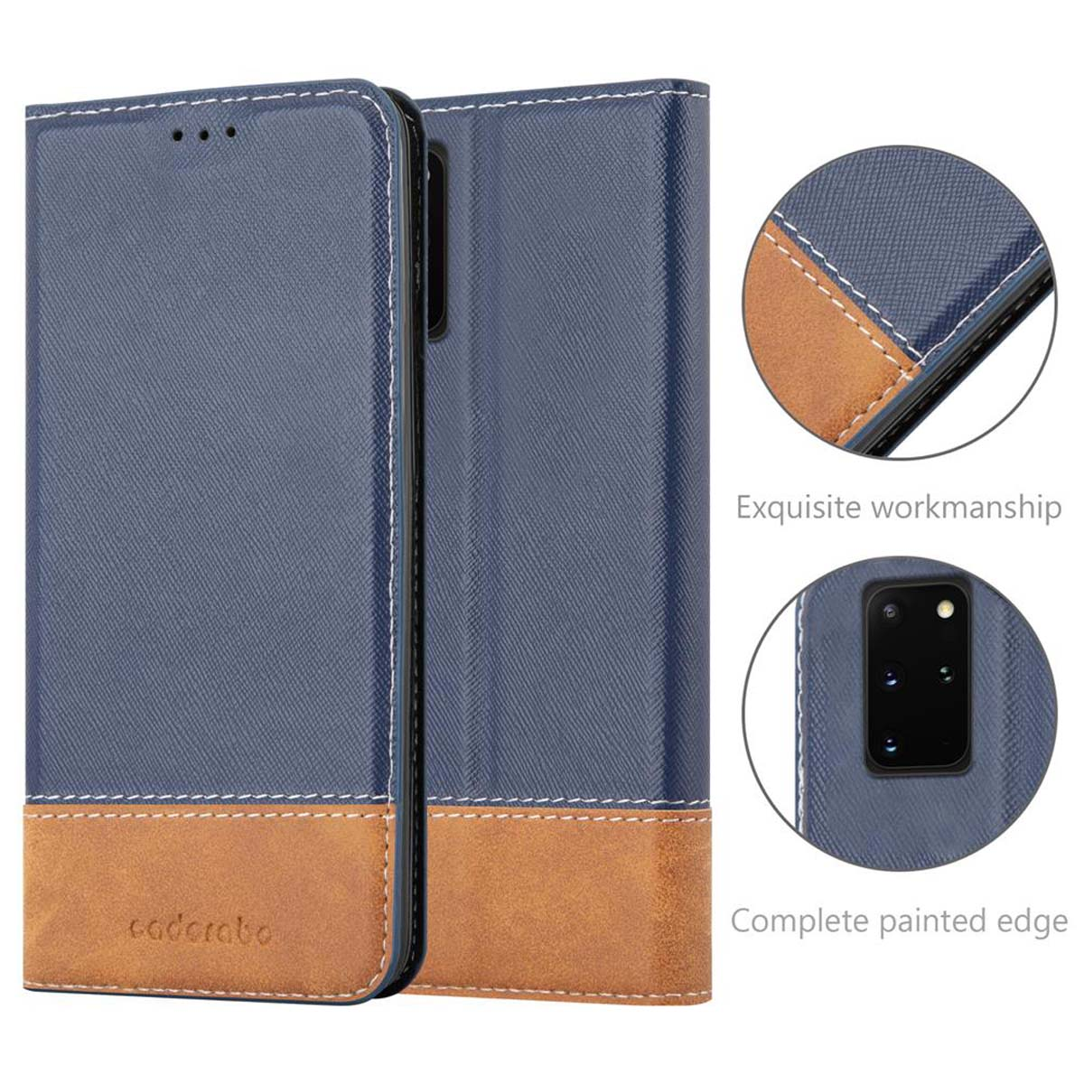 Blau-braune Handyhülle mit Steppnähten. Exquisite Verarbeitung und komplett lackierte Kanten Details.