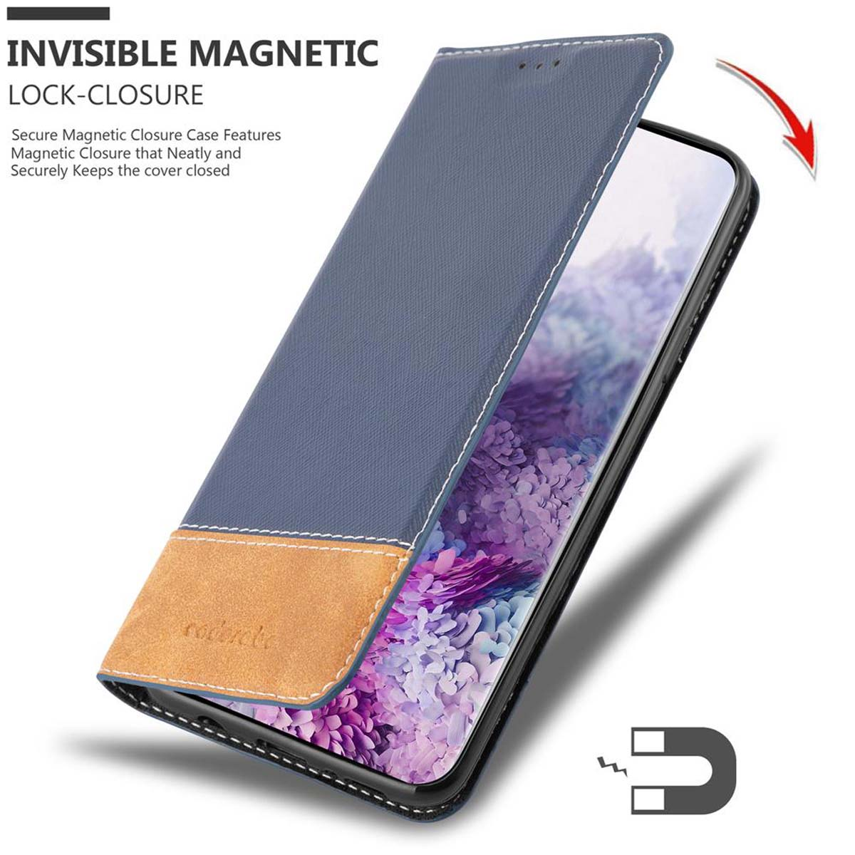 Eine blaue Handyhülle über einem schwarzen Telefon. Es hat einen Magnetverschluss.