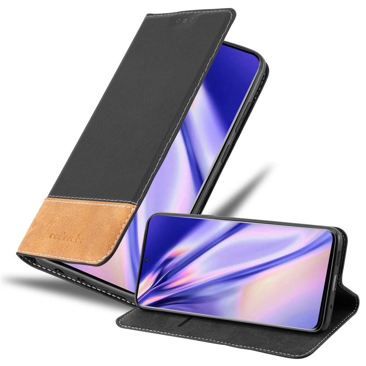 Telefono nero in custodia nera e marrone. La custodia è aperta. Lo schermo mostra un'immagine blu.