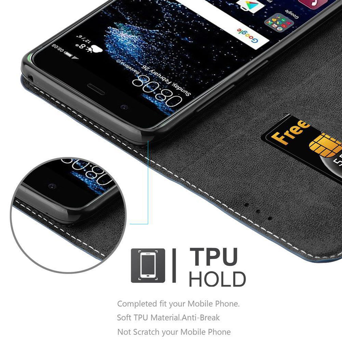 Ein Telefon in einer Hülle mit Kreditkarte und dem Text "TPU HOLD".
