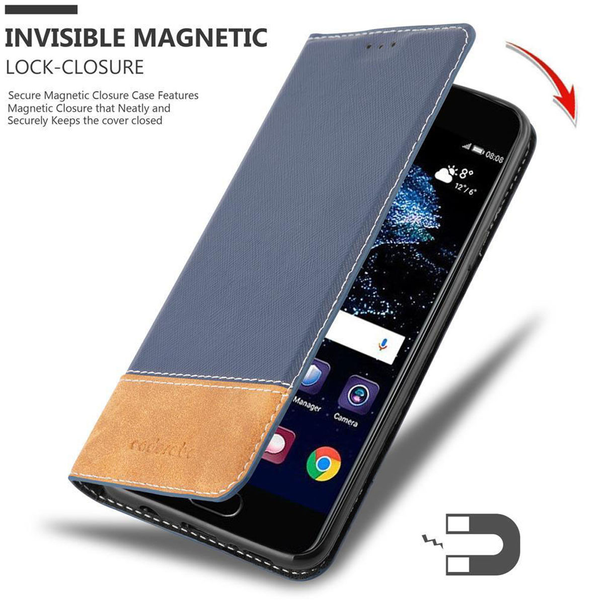 Blaue Handyhülle mit offenem braunen Abschnitt. Das Telefon ist schwarz und hat einen offenen Bildschirm.