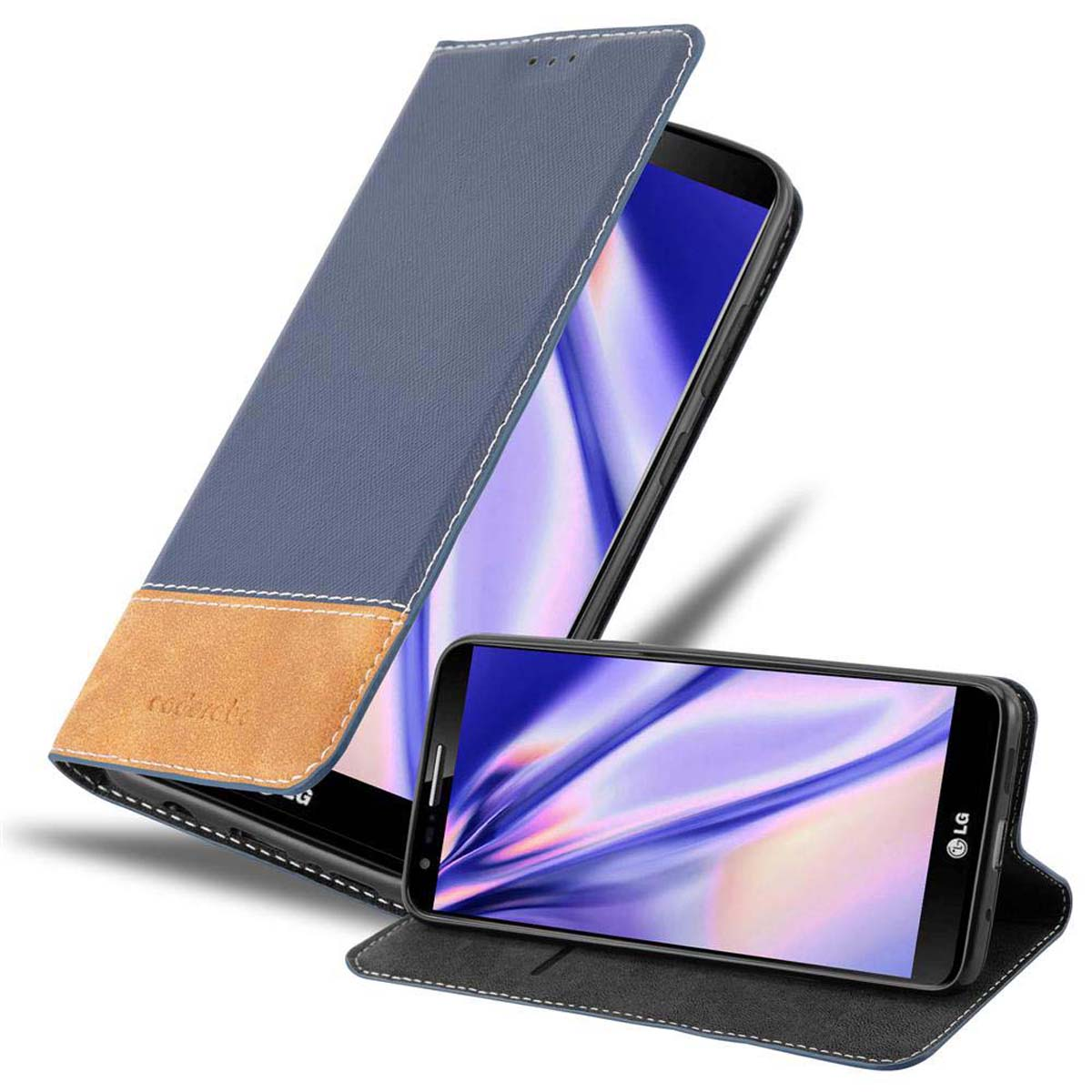 Coque de téléphone bleue avec un téléphone à l'intérieur. La coque est ouverte, montrant l'écran et un accent marron.