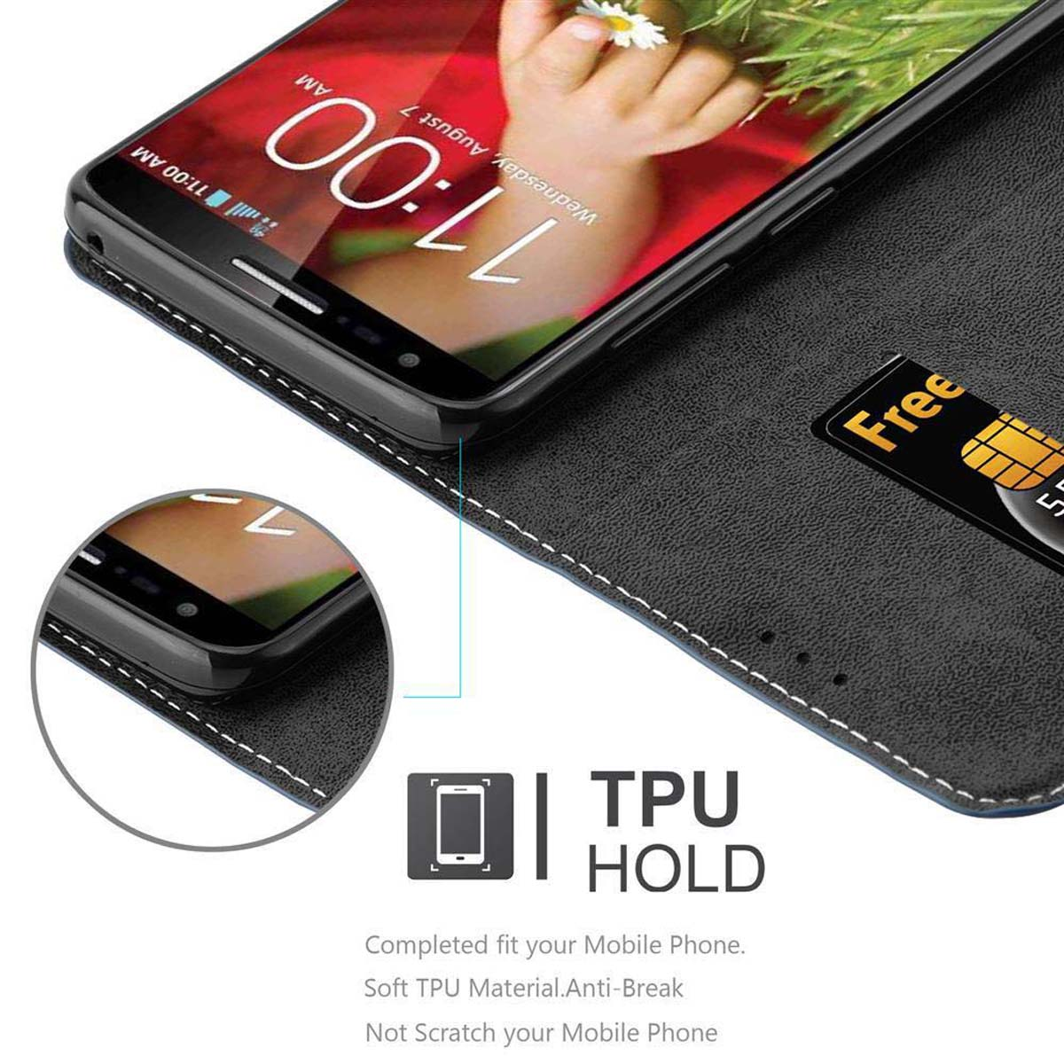 Téléphone dans un étui noir, affichant l'écran avec l'heure et une fente pour carte de crédit.