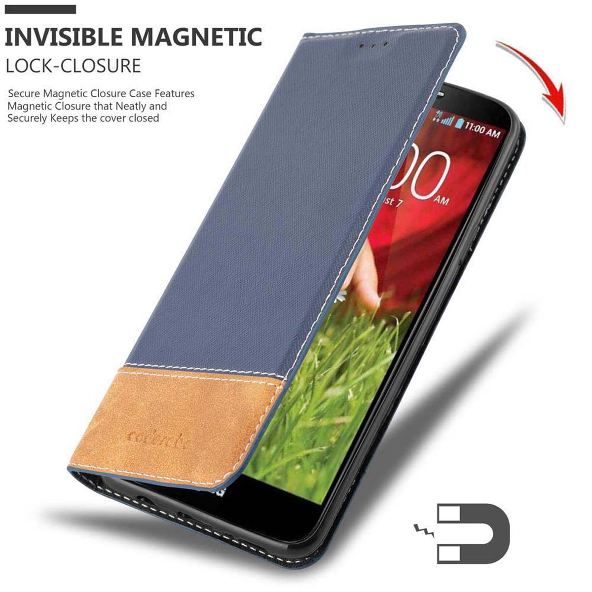 Blaue Handyhülle mit Magnetverschluss, geöffnet, um einen Telefonbildschirm freizugeben.