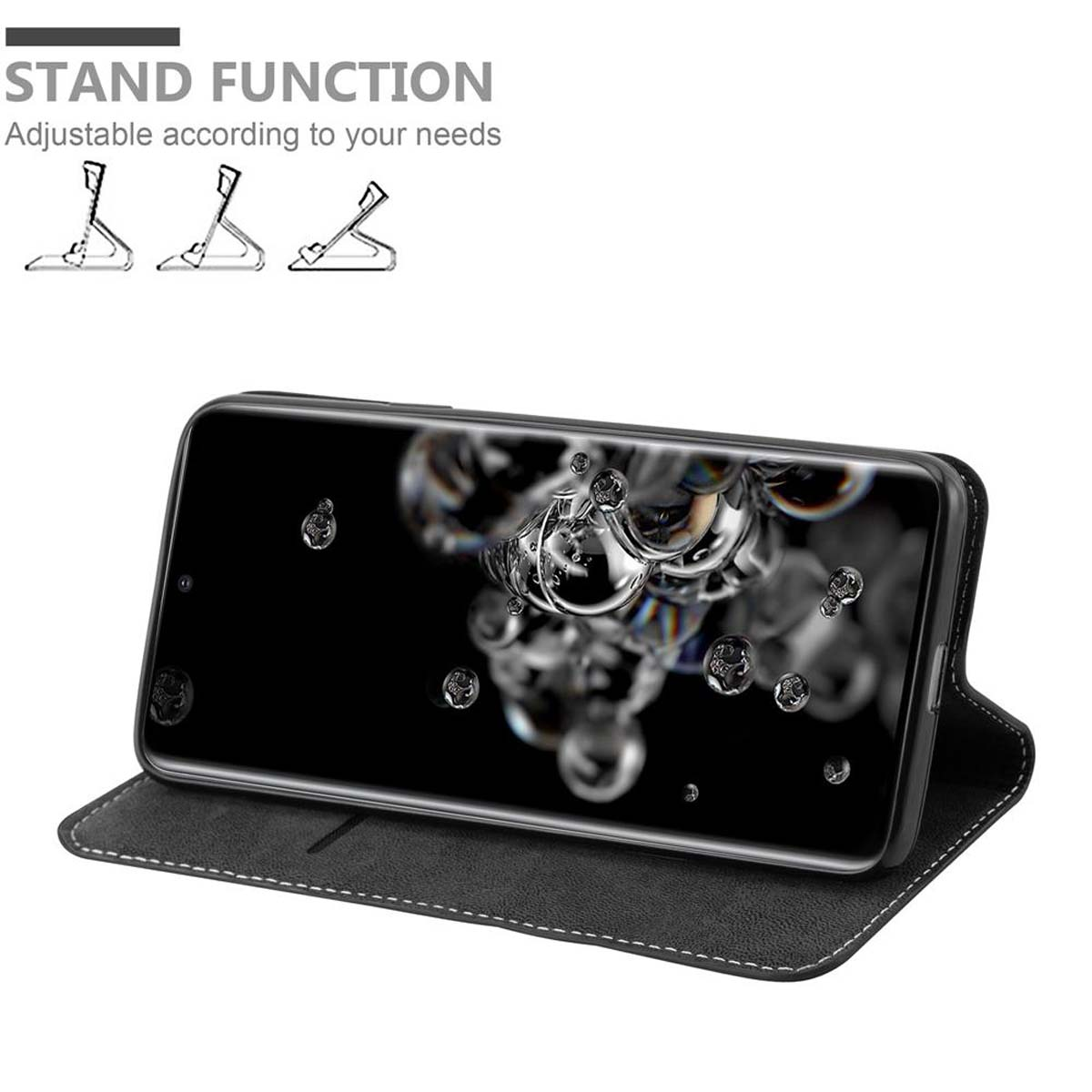 Handyhülle mit Telefon. Hülle ist offen, zeigt ein Telefon auf einem Ständer. Schwarz und weiß.