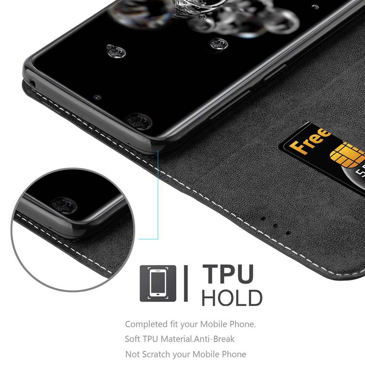 Schwarze Handyhülle mit Handy, weiße Nähte und Karte sichtbar.