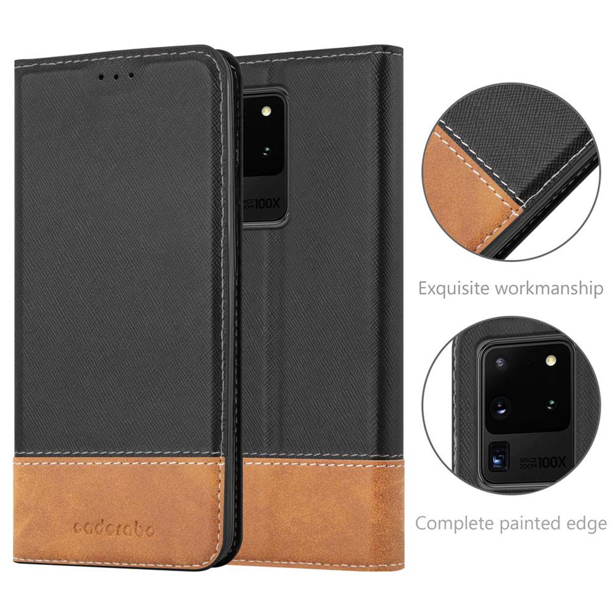 Schwarz-braune Handyhülle, offen. Details: Nähte, Leder und ein Telefon mit Kamera.