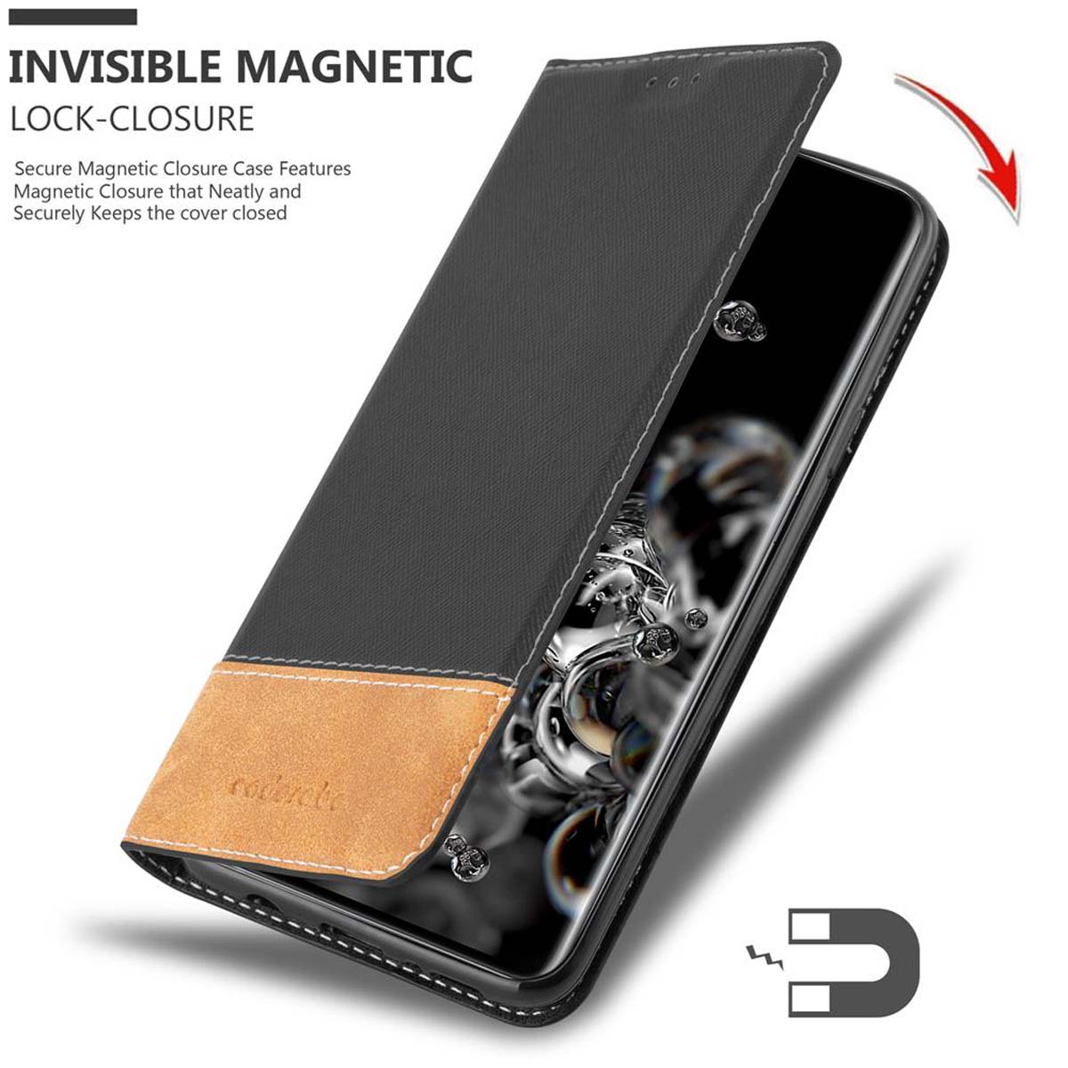 Schwarze und beige Handyhülle mit Magnetverschluss. Ein Telefon ist darin.