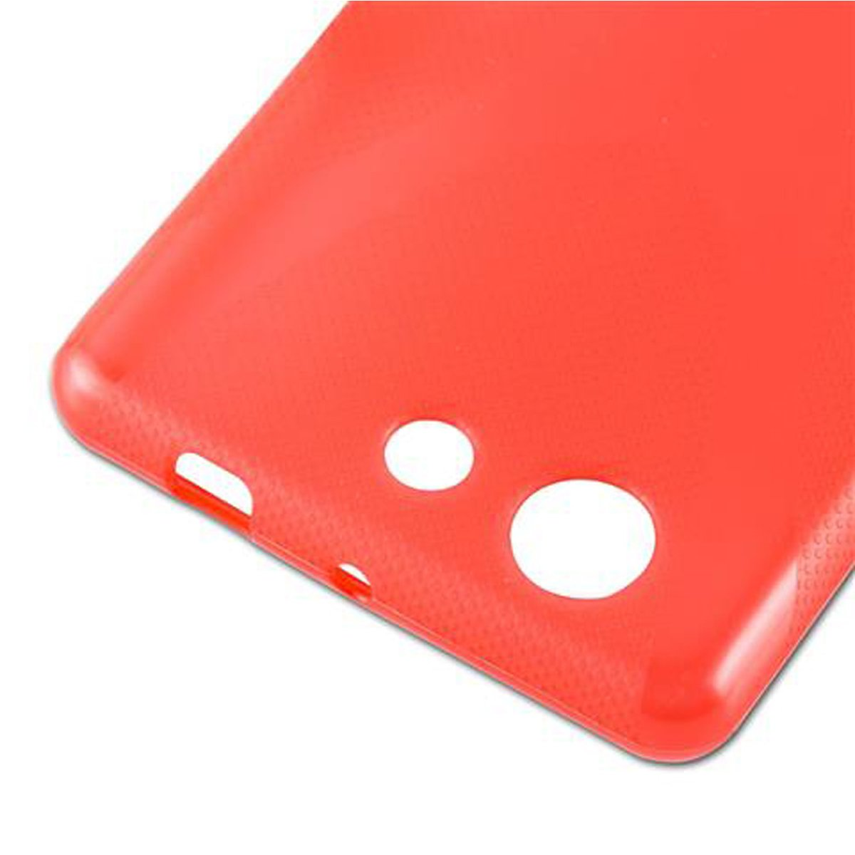 Un primer plano de una funda de teléfono roja con agujeros para la cámara y los botones.