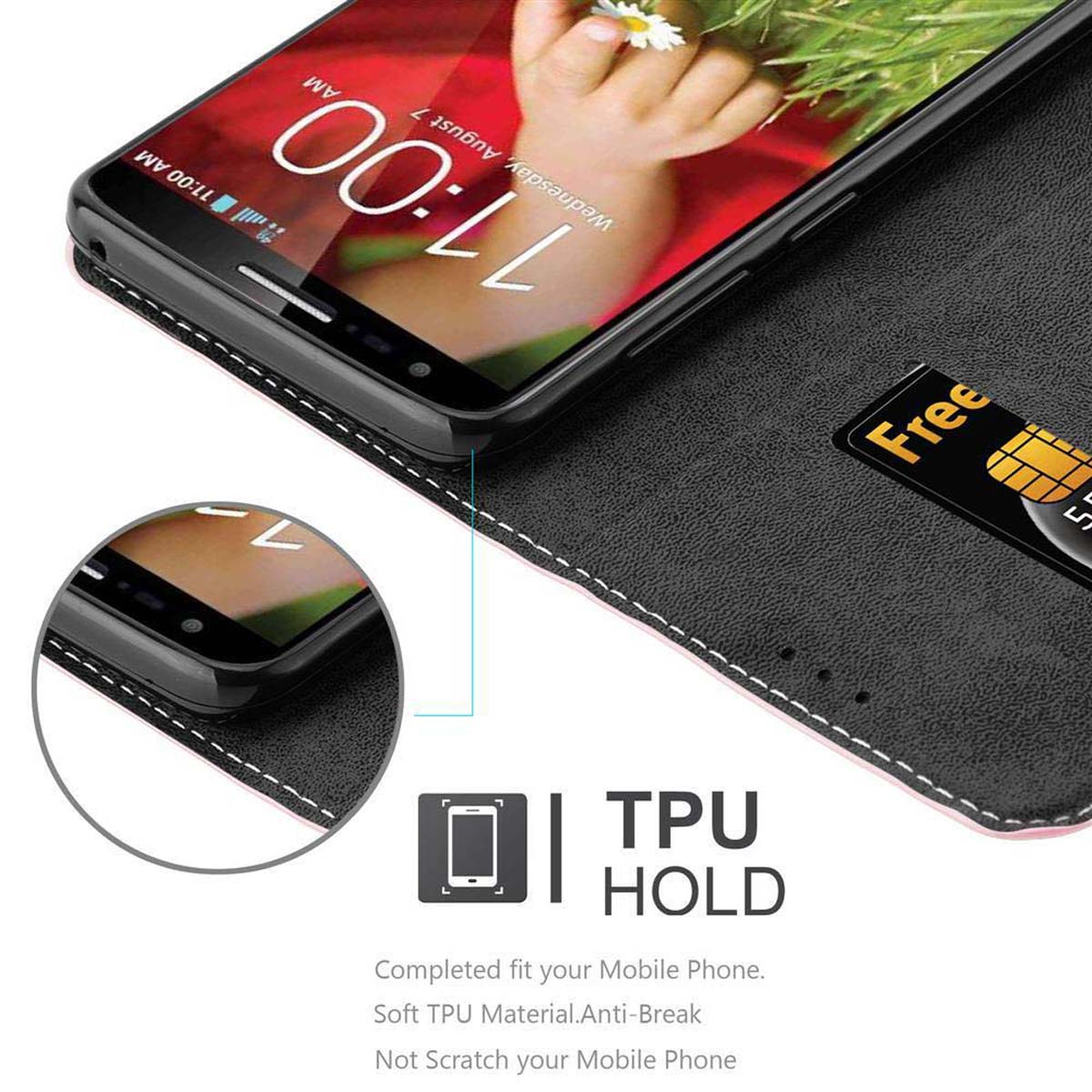 Un téléphone dans un étui noir. L'écran affiche un fond d'écran. L'étui est ouvert avec une fente pour carte.