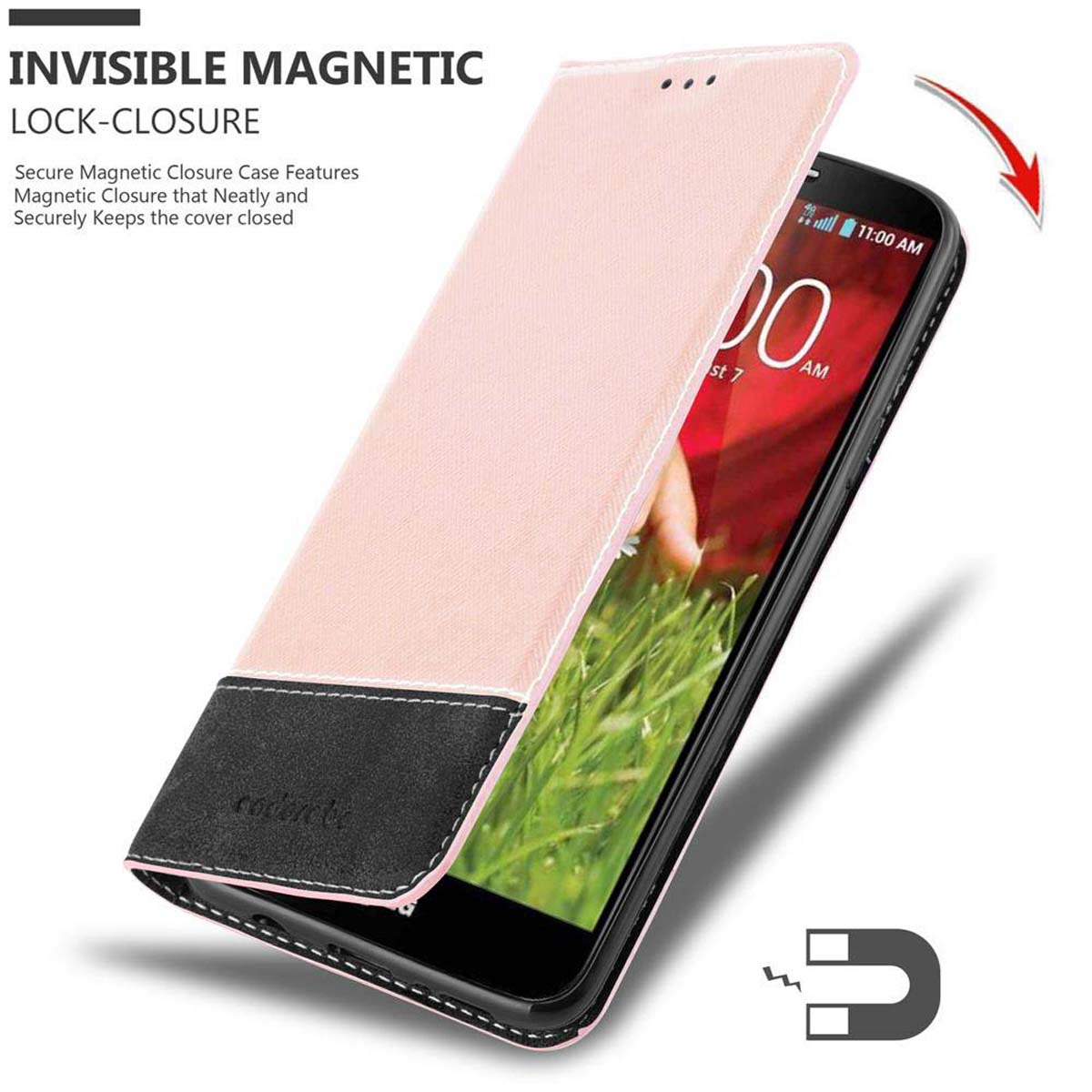 Un étui de téléphone rose est partiellement ouvert, montrant le téléphone. L'étui a un fond noir et le téléphone affiche un écran.