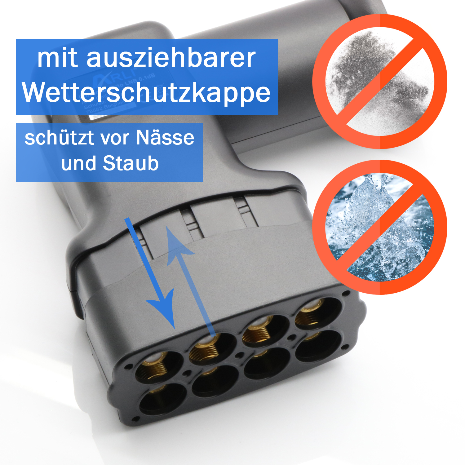 Nahaufnahme eines schwarzen Steckers mit Pfeilen und Text über Wetterschutz sowie ein Verbotsschild für Wasser/Staub.