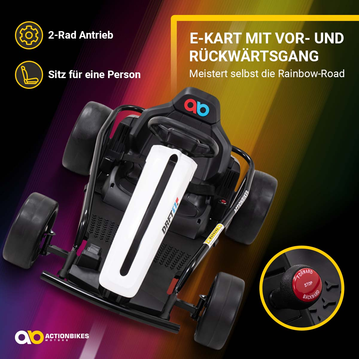 Ein schwarzes Go-Kart mit Regenbogenhintergrund. Texte auf Deutsch. Vordergrund: Go-Kart. Hintergrund: Regenbogen.