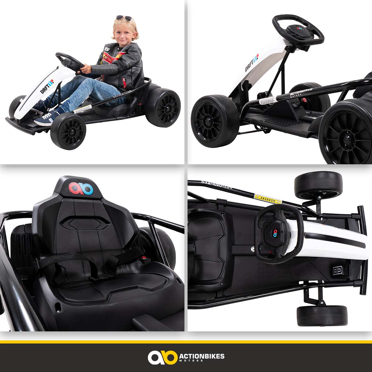 Ein junges Mädchen fährt einen schwarz-weißen Go-Kart. Mehrere Ansichten des Karts werden gezeigt.