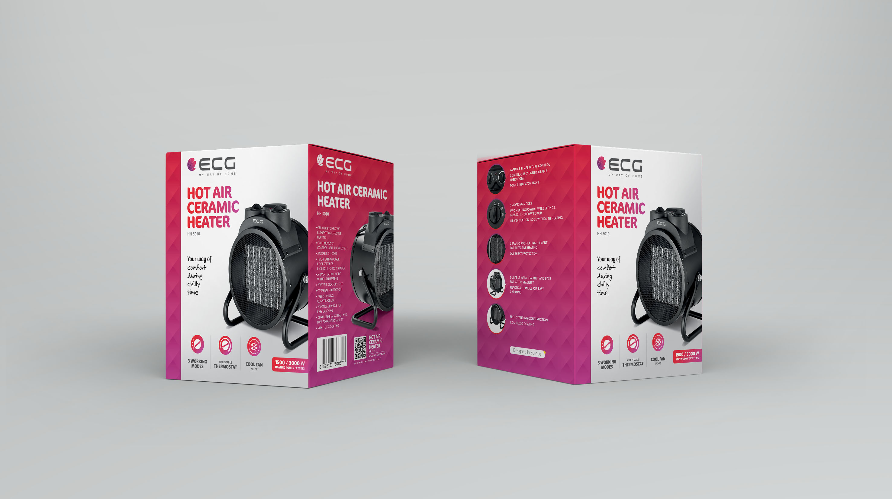 Zwei Kartons eines Keramik-Heißluftheizers mit dem angezeigten Produkt.