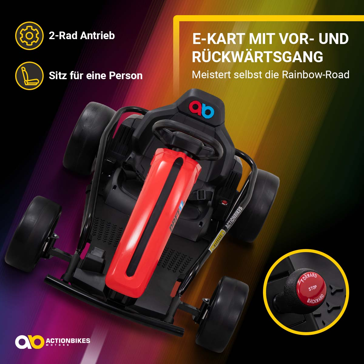 Schwarzes Go-Kart mit roten Akzenten. Merkmale sind Hinterradantrieb, Sitz und Vorwärts-/Rückwärtsschalter.