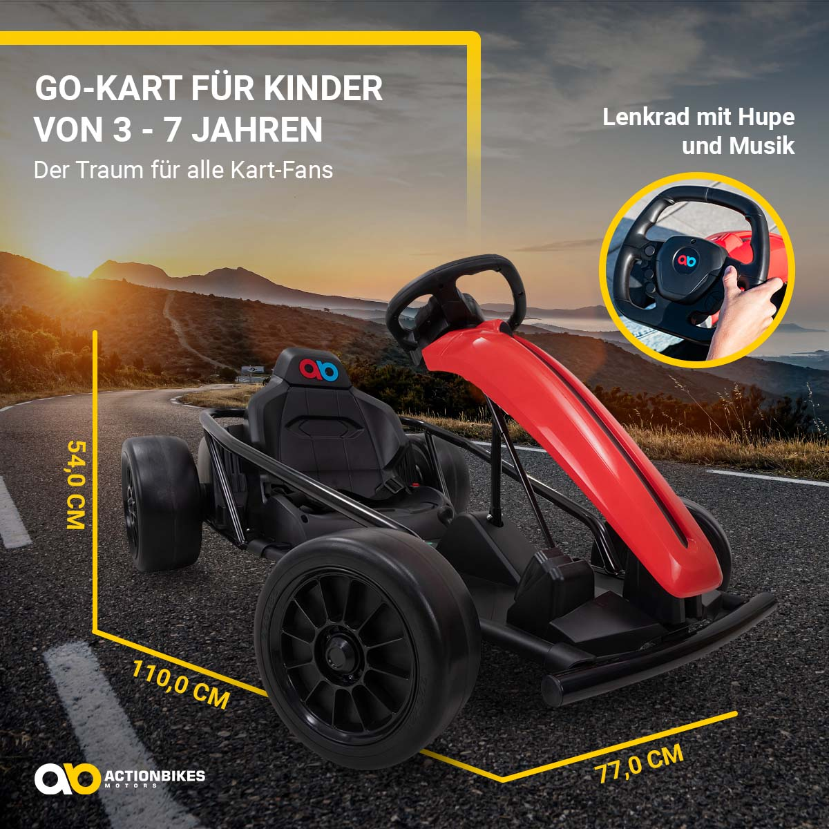 Ein rotes Go-Kart für Kinder, mit Abmessungen.