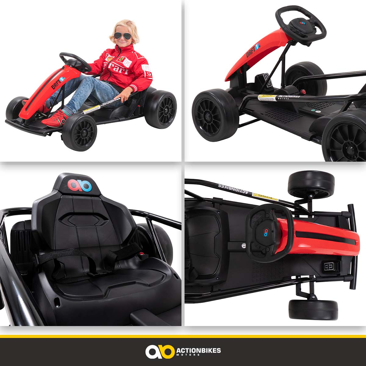 Kind in einem roten Go-Kart. Mehrere Ansichten des Karts. Schwarzer Sitz und Räder. Weißer Hintergrund.