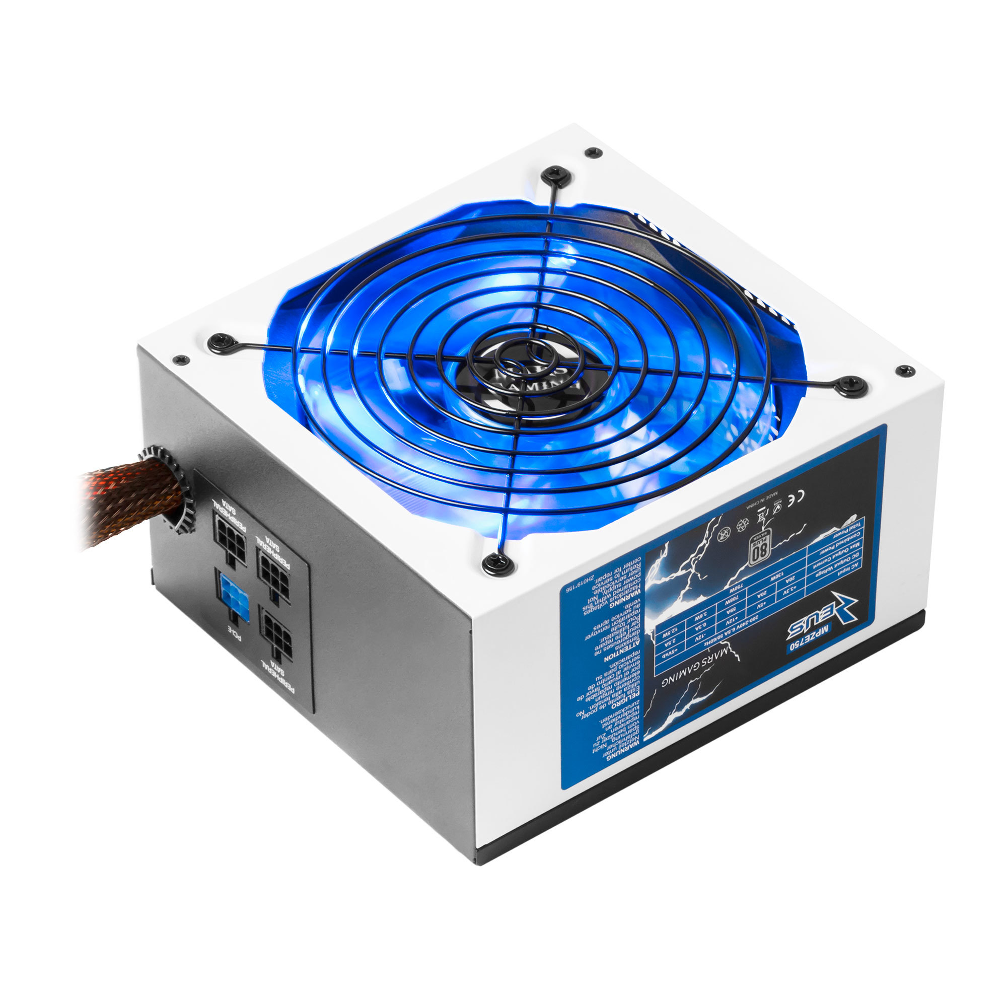 Un alimentatore per computer con ventola blu. Ha varie porte e un'etichetta con specifiche.